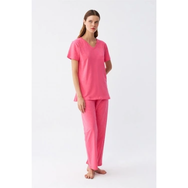 Moda Kadın Kısa Kol Pamuk Penye Pijama Takım Fuşya