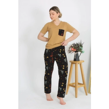 Moda Kadın Kısa Kol Pamuk Penye Pijama Takım Hardal