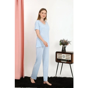 Moda Kadın Kısa Kol Pamuk Penye Pijama Takım Mavi