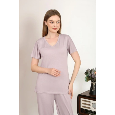 Moda Kadın Kısa Kol Pamuk Penye Pijama Takım Pudra