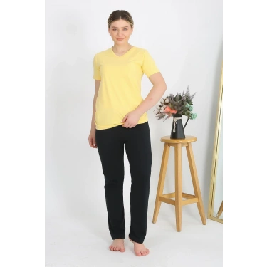 Moda Kadın Kısa Kol Pamuk Penye Pijama Takım Sarı