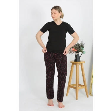 Moda Kadın Kısa Kol Pamuk Penye Pijama Takım Siyah