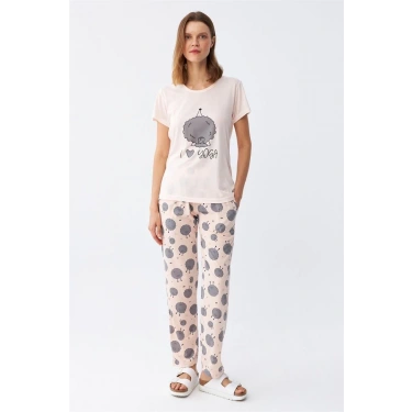 Moda Kadın Kısa Kol Pijama Takım Pudra