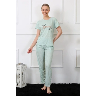 Moda Kadın Kısa Kol Pijama Takım Su Yeşili