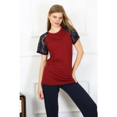 Moda Kadın Kolu Dantelli Penye Pijama Takım Bordo