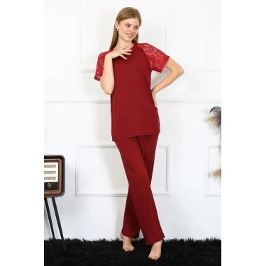 Moda Kadın Kolu Dantelli Penye Pijama Takım Bordo
