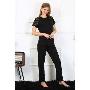 Moda Kadın Kolu Dantelli Penye Pijama Takım Siyah