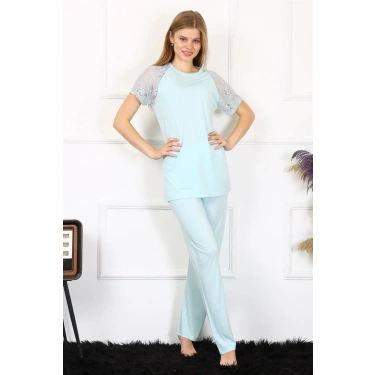 Moda Kadın Kolu Dantelli Penye Pijama Takım Su Yeşili