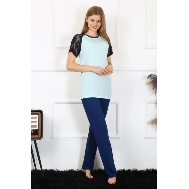 Moda Kadın Kolu Dantelli Penye Pijama Takım Su Yeşili