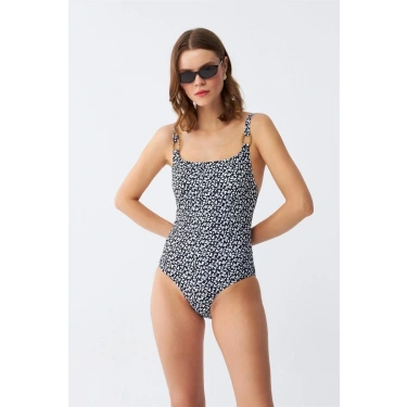 Moda Kadın Lacivert Geometrik Desenli Aksesuar Askılı Tek Parça Mayo