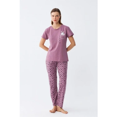 Moda Kadın Mor Patili Tavşan Baskılı Cepli Pijama Takımı