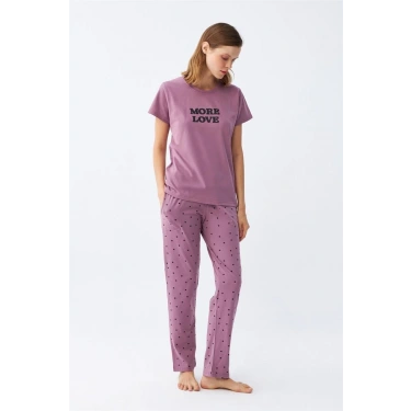 Moda Kadın Mor Yıldız Desenli Penye Kısa Kol Pijama Takımı