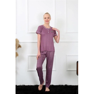 Moda Kadın Mürdüm Kısa Kol Pijama Takım