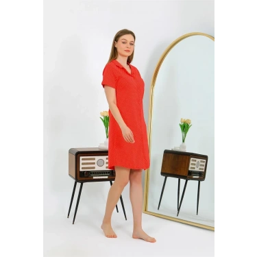 Moda Kadın Pamuk Penye Kısa Kol Düğmeli Kırmızı Tunik Gecelik