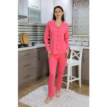 Moda Kadın Pamuk Penye Önden Düğmeli Uzun Kol Pijama Takım Pembe