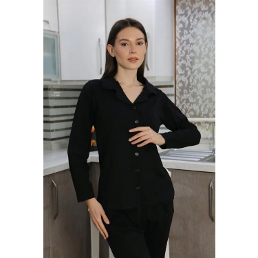 Moda Kadın Pamuk Penye Önden Düğmeli Uzun Kol Pijama Takım Siyah