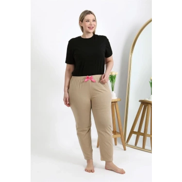 Moda Kadın Pamuklu Büyük Beden Alt Pijama Bej