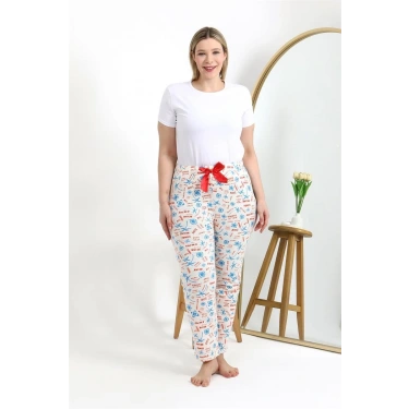 Moda Kadın Pamuklu Büyük Beden Alt Pijama Ekru