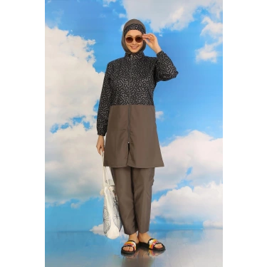 Moda Kadın Pantolonlu Desenli Tam Tesettür Mayo Füme