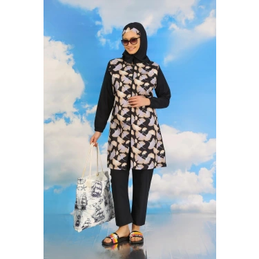 Moda Kadın Pantolonlu Desenli Tam Tesettür Mayo Lacivert