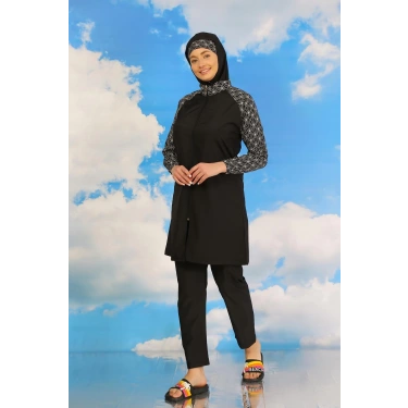 Moda Kadın Pantolonlu Desenli Tam Tesettür Mayo Siyah