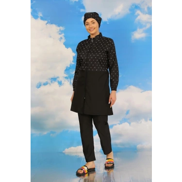 Moda Kadın Pantolonlu Desenli Tam Tesettür Mayo Siyah