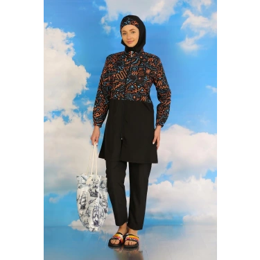 Moda Kadın Pantolonlu Desenli Tam Tesettür Mayo Siyah