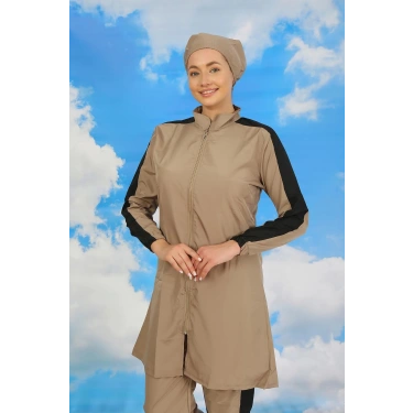 Moda Kadın Pantolonlu Kolu Şeritli Tam Tesettür Mayo Bej