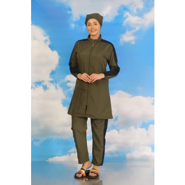 Moda Kadın Pantolonlu Kolu Şeritli Tam Tesettür Mayo Haki