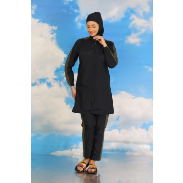 Moda Kadın Pantolonlu Kolu Şeritli Tam Tesettür Mayo Lacivert