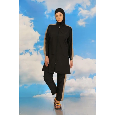 Moda Kadın Pantolonlu Kolu Şeritli Tam Tesettür Mayo Siyah