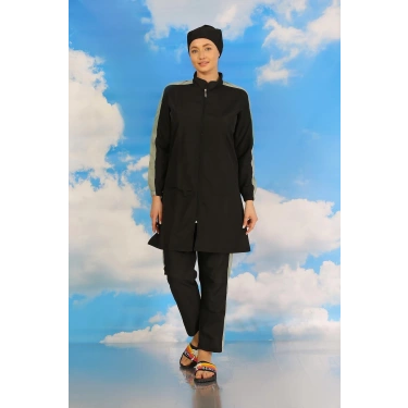 Moda Kadın Pantolonlu Kolu Şeritli Tam Tesettür Mayo Siyah