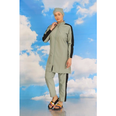 Moda Kadın Pantolonlu Kolu Şeritli Tam Tesettür Mayo Su Yeşili