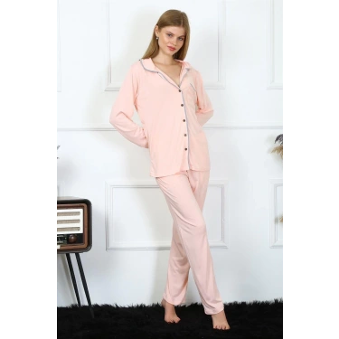 Moda Kadın Penye Uzun Kol Önden Düğmeli Pijama Takım Pembe