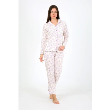 Moda Kadın Penye Uzun Kol Pijama Takım Ekru
