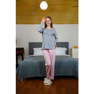 Moda Kadın Penye Uzun Kol Pijama Takım Gri