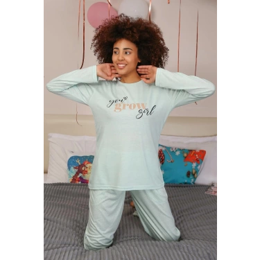 Moda Kadın Penye Uzun Kol Pijama Takım Su Yeşili