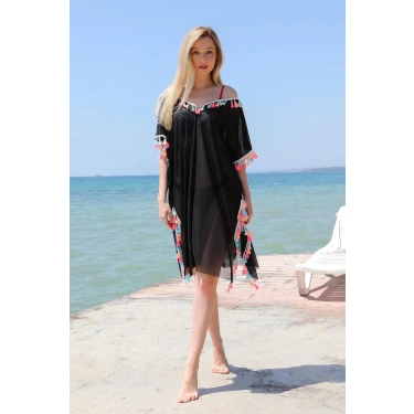 Moda Kadın Püsküllü Tunik Pareo Plaj Elbisesi Siyah