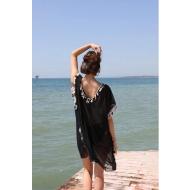 Moda Kadın Püsküllü Tunik Pareo Plaj Elbisesi Siyah