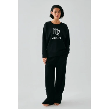 Moda Kadın Siyah Başak Burcu Oversize 2 İplik Eşofman Ev Giyim Takımı