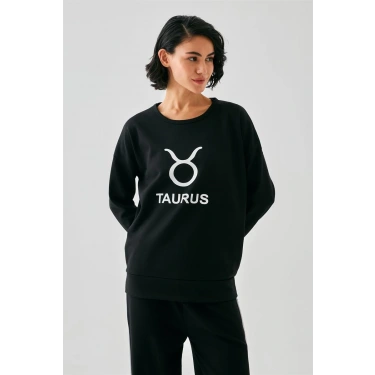 Moda Kadın Siyah Boğa Burcu Oversize 2 İplik Eşofman Ev Giyim Takımı