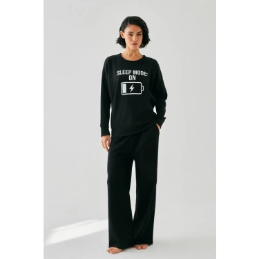 Moda Kadın Siyah Sleep Mode ON Oversize 2 İplik Eşofman Ev Giyim Takımı