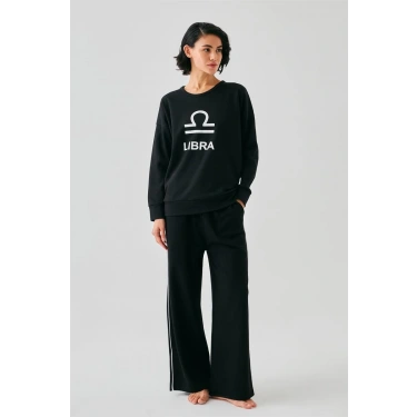 Moda Kadın Siyah Terazi Burcu Oversize 2 İplik Eşofman Ev Giyim Takımı