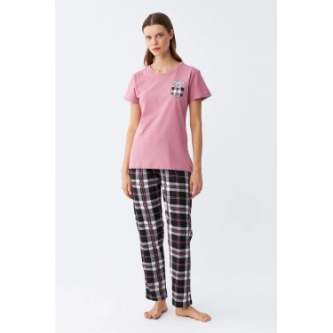 Moda Kadın Somon Ayıcık Baskılı Ekoseli Penye Pijama Takımı