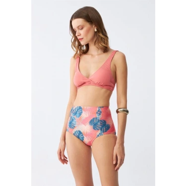 Moda Kadın Somon Pedli Üst ve Tropik Desenli Yüksek Bel Bikini Takımı