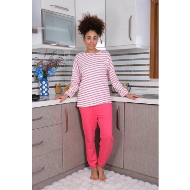 Moda Kadın Uzun Kol 3 İplik Penye Pijama Takım Beyaz