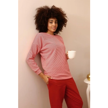 Moda Kadın Uzun Kol 3 İplik Penye Pijama Takım Kırmızı