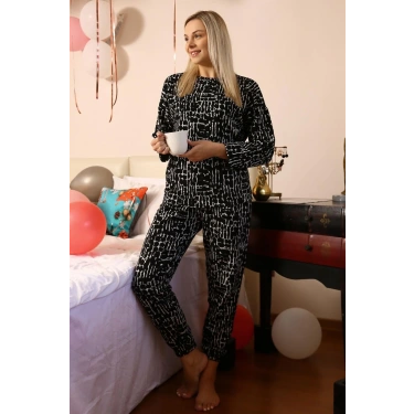 Moda Kadın Uzun Kol 3 İplik Penye Pijama Takım Siyah
