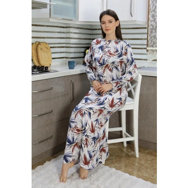 Moda Kadın Uzun Kol Penye Gecelik Ev Elbisesi Krem