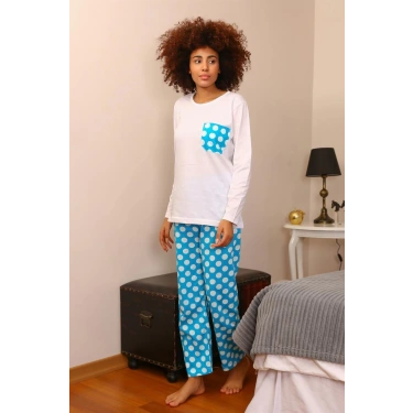 Moda Kadın Uzun Kol Penye Pijama Takım Beyaz